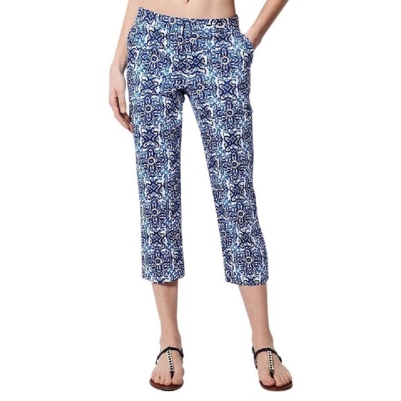MILLY FOR DESIGNATION Capri Pants Sateen Midrise Summer Blue Tile Print Size 14 - Picture 2 of 7